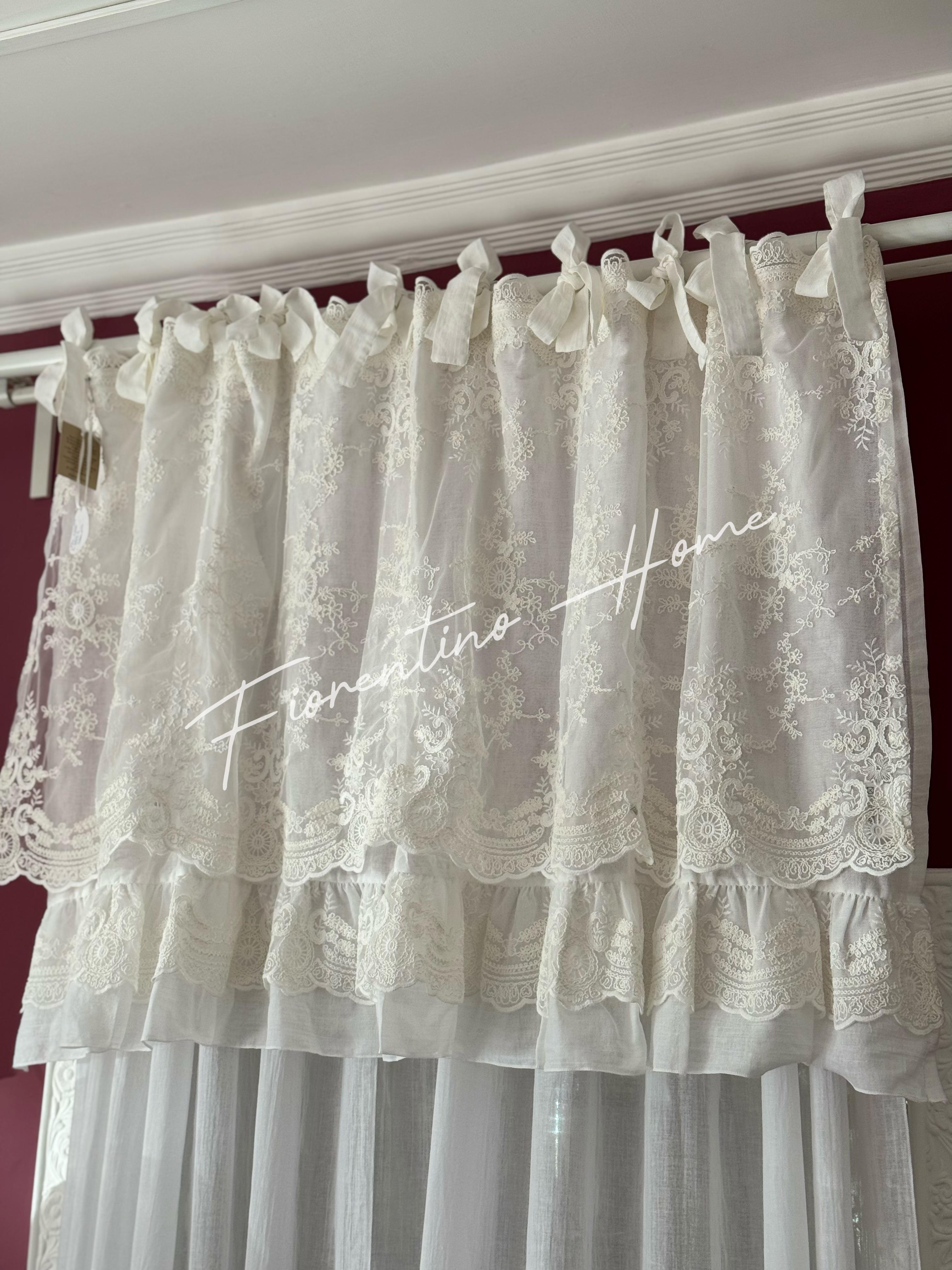 Mantovana sartoriale pizzo Rococo e balza in garza di cotone bianco naturale c/coulisse - 150x80 cm - Charme Home Textile